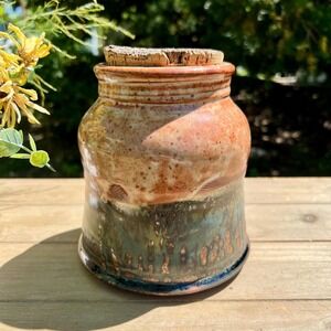 Vintage Tan & Blue Handmade Pottery Container | Vase w/ Cork Lid